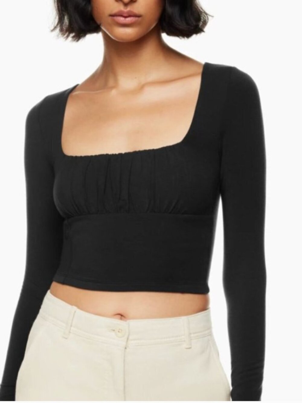 Wilfred Free Aritzia Orbit Long Sleeve Black Ruched Crop Top XL Minimalist
